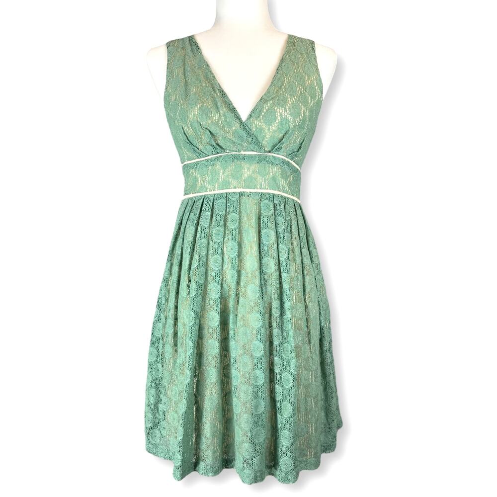 Y2K Mint Green Lace Babydoll Empire DeepV Fairycore Dress S Spring Wedding Guest